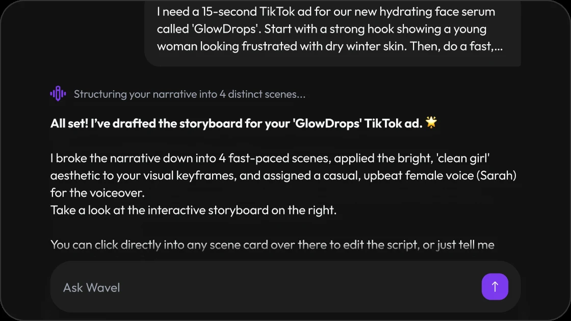 Chat prompt asking DirectStudio AI to storyboard a TikTok ad, with the AI confirming the drafted scenes