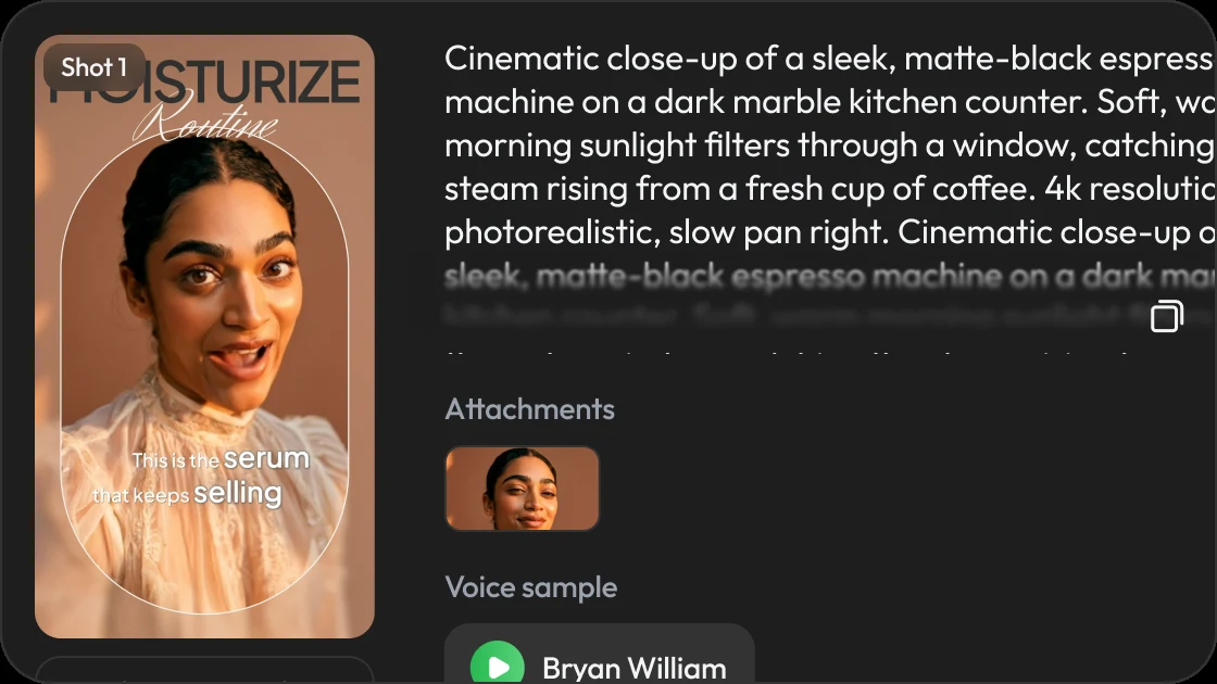 Editing a scene prompt with attached reference image and voice sample before rendering