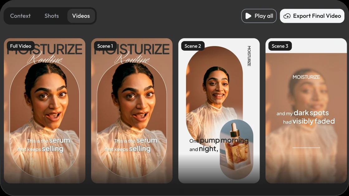 Videos tab showing the full video and individual scene cards with Play all and Export Final Video actions